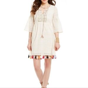 NWT Chelsea &Violet Boho Ivory Lace Flutter Sleeved Dress W/Tassel Hem Sz L
